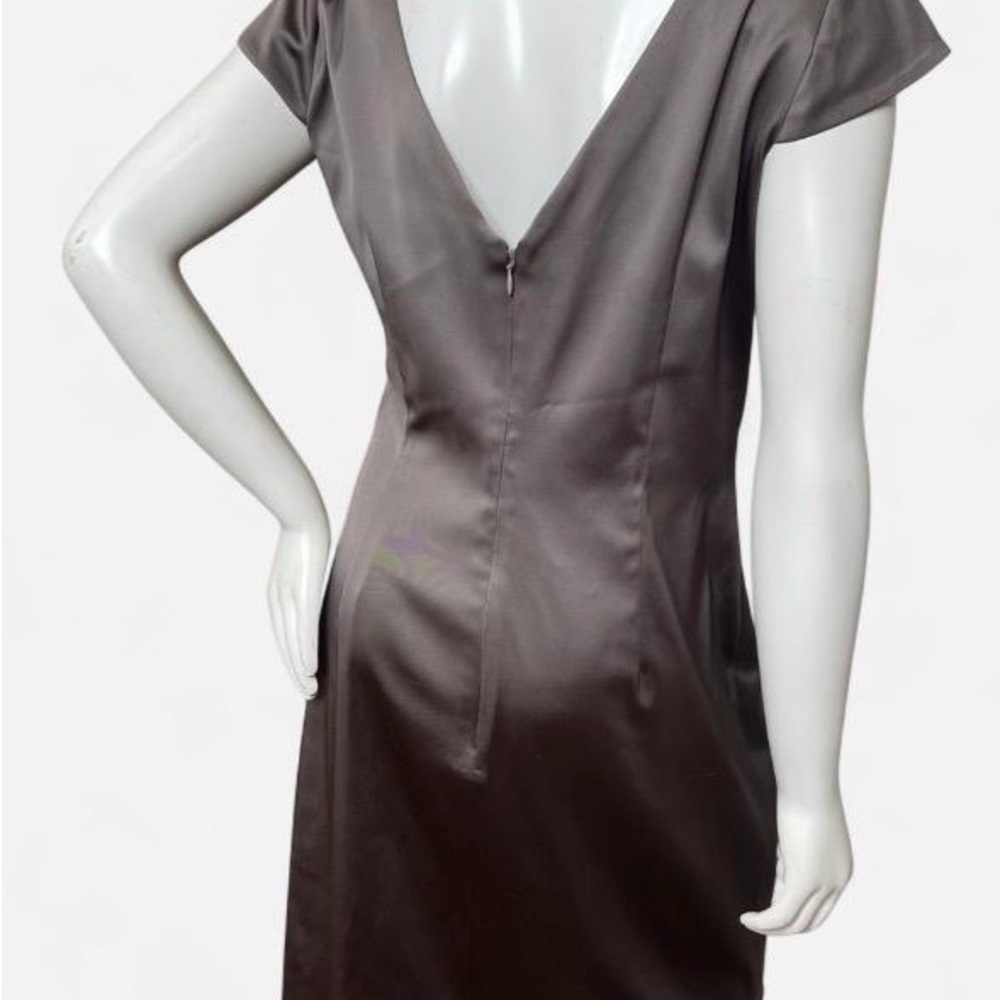 Kay Unger Satin Ruched Midi Dress in Dark Brown - Picture 2 of 5
